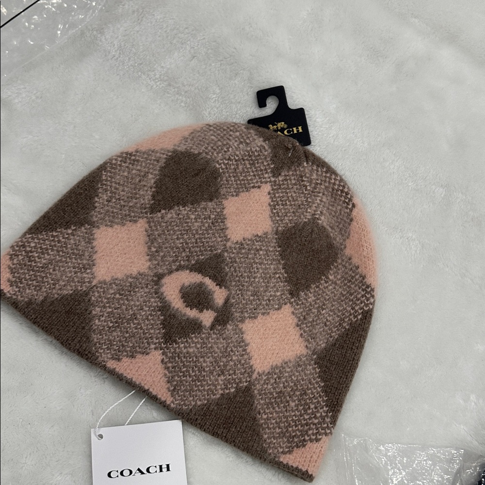 Coach Plaid Beanie in Pink and Brown - Picture 9 of 10